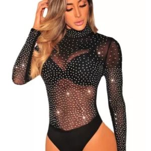 Black Mesh Bodysuit Sequin Studs